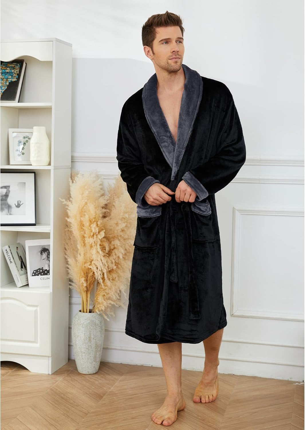 Mens Fleece Robe Plush Collar Shawl Bathrobe