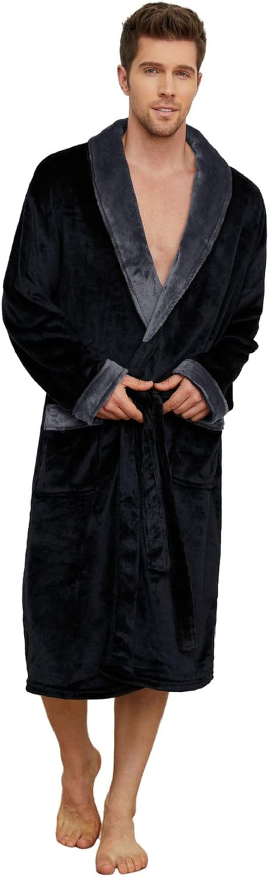 Mens Fleece Robe Plush Collar Shawl Bathrobe