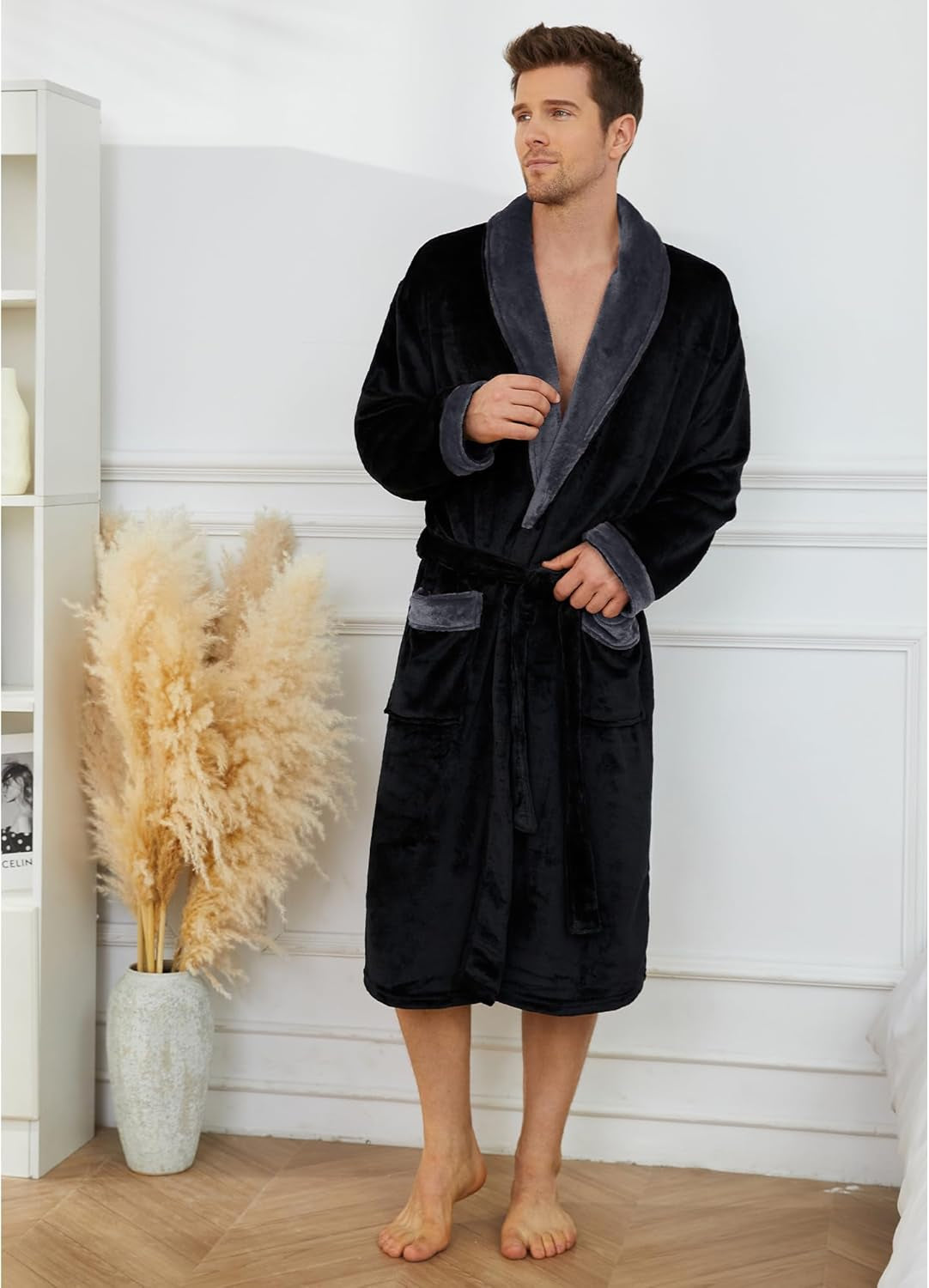 Mens Fleece Robe Plush Collar Shawl Bathrobe