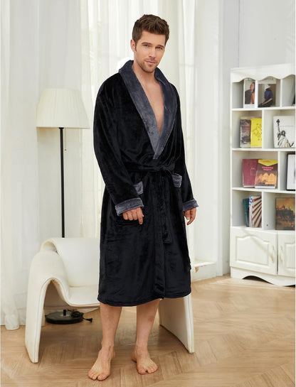 Mens Fleece Robe Plush Collar Shawl Bathrobe